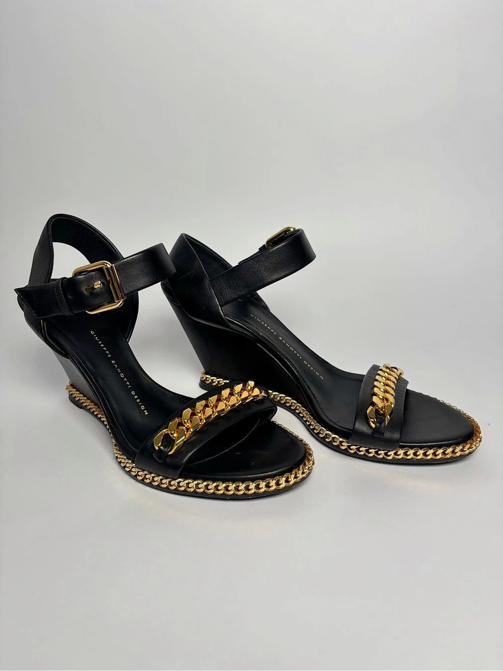 Giuseppe Zanotti Black Gold Chain Wedge Ankle Strap Sandals Size 38 US 8